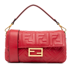 Fendi AB Fendi Red Lambskin Leather Leather Zucca Embossed Baguette Satchel Italy