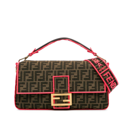 Fendi AB Fendi Brown with Pink Canvas Fabric Large Zucca Fluo Trim Baguette Satchel Italy