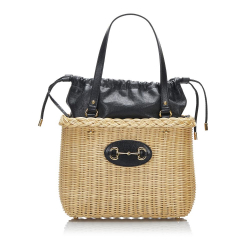 Gucci AB Gucci Brown Beige Raffia Natural Material Wicker and Leather 1955 Horsebit Basket Bag Italy