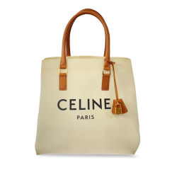 Celine B Celine White with Brown Light Brown Canvas Fabric Horizontal Cabas Tote Italy