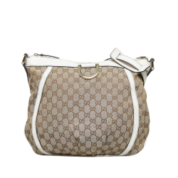 Gucci B Gucci Brown Beige with White Canvas Fabric GG Abbey D Ring Crossbody Bag Italy
