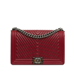 Chanel AB Chanel Red Calf Leather Large Embellished skin Chevron Boy Flap Italy