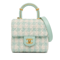 Chanel AB Chanel Blue Light Blue with White Ivory Tweed Fabric Quilted Crush Top Handle Flap France