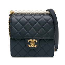 Chanel AB Chanel Blue Navy Lambskin Leather Leather Small Lambskin Chic Pearls Flap Italy