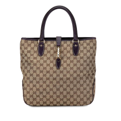 Gucci B Gucci Brown Beige with Purple Canvas Fabric GG Jackie Piston Lock Tote Italy