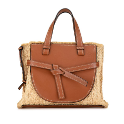 Loewe B LOEWE Brown Beige Raffia Natural Material Small and Leather Gate Top Handle Bag Spain