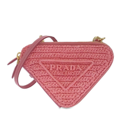 Prada AB Prada Pink Raffia Natural Material Mini Crochet Logo Embroidered Triangle Pouch Italy