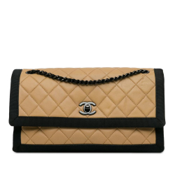 Chanel B Chanel Brown Beige Lambskin Leather Leather Medium Quilted Lambskin Grosgrain Two Tone Flap Italy