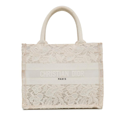 Christian Dior B Dior White Canvas Fabric Small D-Lace Embroidery Book Tote Italy