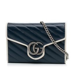 Gucci AB Gucci Blue Navy Calf Leather Mini GG Marmont Wallet on Chain Italy