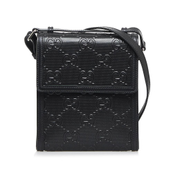 Gucci B Gucci Black Calf Leather GG Embossed Perforated Messenger Bag Italy