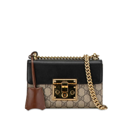 Gucci B Gucci Brown Beige with Black Coated Canvas Fabric Small GG Supreme Padlock Crossbody Italy