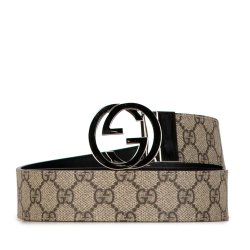 Gucci AB Gucci Brown Beige Coated Canvas Fabric GG Supreme Reversible Interlocking G Belt Italy