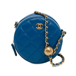 Chanel Blue Lambskin Leather Leather CC Quilted Lambskin Pearl Crush Round Clutch with Chain Italy