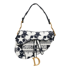 Christian Dior AB Dior White with Blue Dark Blue Canvas Fabric Stars Embroidered Saddle Bag Italy