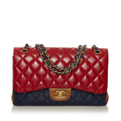 Chanel B Chanel Red Lambskin Leather Leather Tricolor Medium Classic Double Flap bag France