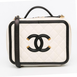 Chanel B Chanel White Ivory with Black Caviar Leather Leather Small Caviar CC Filigree Vanity Case Italy