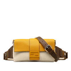 Fendi AB Fendi Brown Beige with Yellow Canvas Fabric Zucca and Leather Convertible Baguette Italy