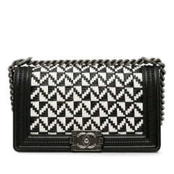 Chanel AB Chanel Black with White Calf Leather Medium Woven Boy Flap Italy