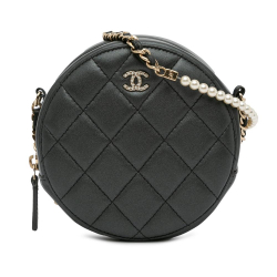 Chanel AB Chanel Black Lambskin Leather Leather Quilted Lambskin Round Pearl Clutch with Chain Italy