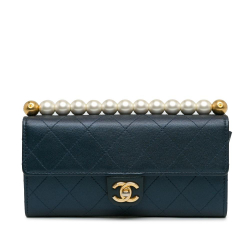 Chanel AB Chanel Blue Navy Goatskin Leather Chic Pearls Clutch With Chain Italy