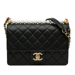 Chanel AB Chanel Black Goatskin Leather Medium Quilted Chic Pearls Flap Italy