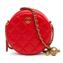 Chanel AB Chanel Red Lambskin Leather Leather CC Quilted Lambskin Pearl Crush Round Clutch with Chain Italy