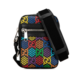 Gucci AB Gucci Black Coated Canvas Fabric GG Supreme Psychedelic Crossbody Bag Italy