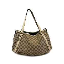 Gucci B Gucci Brown Beige Canvas Fabric GG Abbey D Ring Tote Italy