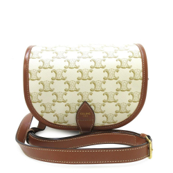 Celine B Celine White with Brown Coated Canvas Fabric Medium Triomphe Folco Bag Italy