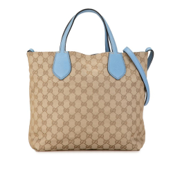Gucci B Gucci Brown Beige with Blue Light Blue Canvas Fabric Medium GG Reversible Tote Italy