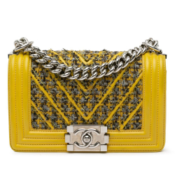 Chanel B Chanel Yellow Lambskin Leather Leather Small Tweed and Lambskin Chevron Boy Flap Italy