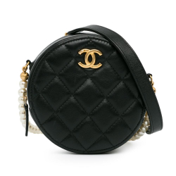 Chanel AB Chanel Black Calf Leather Quilted skin About Pearls Round Clutch with Chain Italy