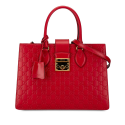 Gucci B Gucci Red Calf Leather Medium Guccissima Padlock Double Top Handle Bag Italy