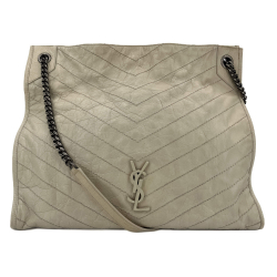 Saint Laurent Niki Shopping Medium Chevron Quilted Vintage calf Leather 2-Ways Tote Bag Blanc Vintage