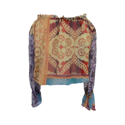 Roberto Cavalli top in multicoloured & gold print silk with raglan sleeve & drawstring