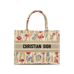 Christian Dior AB Dior Brown Light Beige Canvas Fabric Medium Embroidered Hibiscus Book Tote Italy