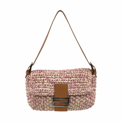 Fendi Baguette bag in pink cotton & cream raffia with caramel leather trim