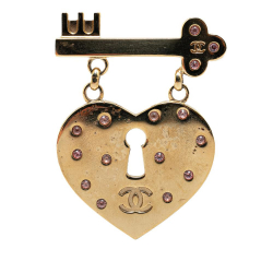 Chanel B Chanel Gold Gold Plated Metal Heart Lock and Key Brooch Pin Italy