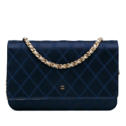 Chanel B Chanel Blue Navy with Gold Satin Fabric Diamond Stitch Wallet On Chain Italy