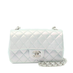 Chanel Blue Mini Rectangular Classic Iridescent Lambskin Single Flap Italy