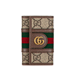 Gucci B Gucci Brown Beige Coated Canvas Fabric GG Supreme Ophidia Key Case Italy