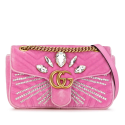 Gucci AB Gucci Pink Velvet Fabric Small GG Marmont Matelasse Crystal-Embellished Crossbody Italy