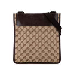 Gucci B Gucci Brown Beige Canvas Fabric GG Flat Messenger Italy