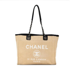 Chanel B Chanel Brown Beige with Black Canvas Fabric Small Deauville Tote Italy