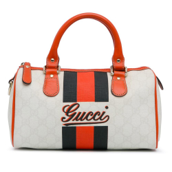 Gucci AB Gucci White with Orange Coated Canvas Fabric Mini GG Supreme Joy Web Boston Bag Italy