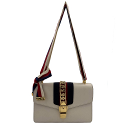 Gucci Sylvie Small Calf leather Leather 2-Ways Flap Bag with detachable Web shoulder strap. Off-white