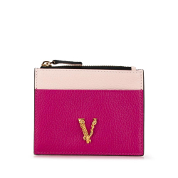 Versace B Versace Pink Hot Pink Calf Leather Bicolor Virtus Logo Card Holder Italy