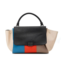 Celine B Celine Black with Multi Wool Fabric Medium and Calfskin Colorblock Trapeze Satchel Italy