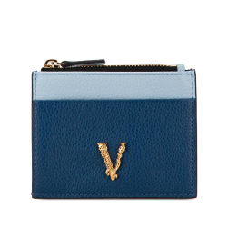 Versace B Versace Blue Calf Leather Virtus Logo Card Holder Italy